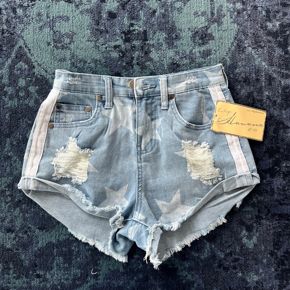 Vintage Havana Blue and White Jean Shorts Distressed - Picture 6 of 7